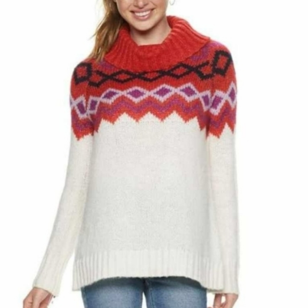 SO Nordic Fair Isle Cowl Neck  Oversized Cozy Holiday Party Sweater Sz M